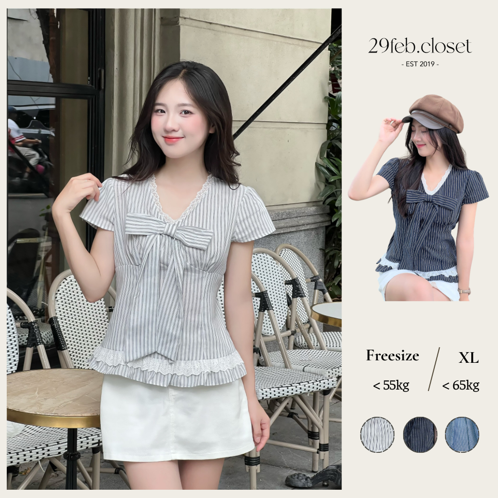 Áo sơ mi kẻ sọc cổ tim phối ren kèm nơ xinh xắn, Áo kiểu bèo gấu dễ thương thời trang hè - 29feb.closet - A560 | BigBuy360 - bigbuy360.vn