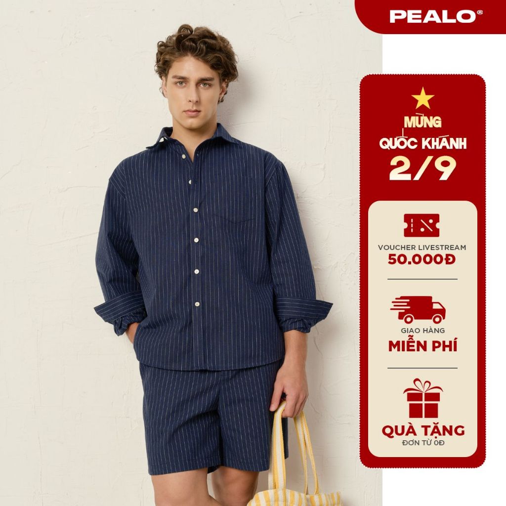 Áo sơ mi kẻ sọc PEALO chất liệu linen thoáng mát nhẹ nhàng mềm mại tạo cảm giác thoải mái