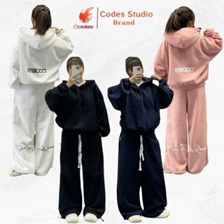 Set bộ hoodie nam nữ nỉ bông cotton from rộng Codes in lụa nón to 2 lớp oversize basic dáng suông thu dông cặp đôi bigsi