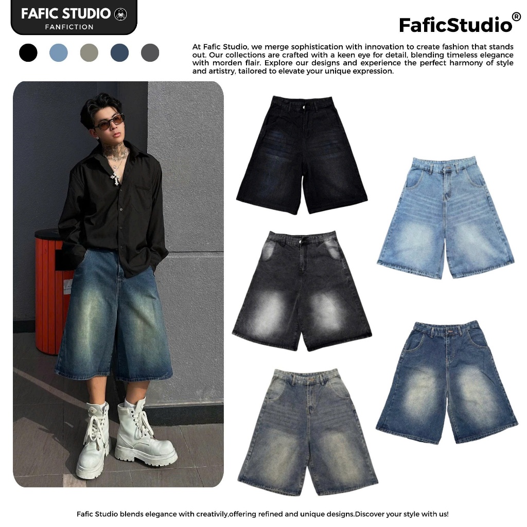  Quần short jeans baggy lửng nam nữ ống rộng suông Quần Wide Leg FAFIC Nam Ống Rộng Quần Jeans Short Lửng Phong Cách 