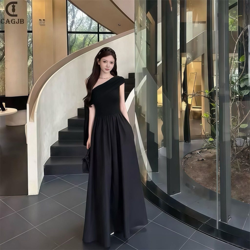 Váy Trễ Vai Màu Đen Tay Dây Thả Vai Dáng Xoè Dài Maxi Tôn Dáng (LA1)