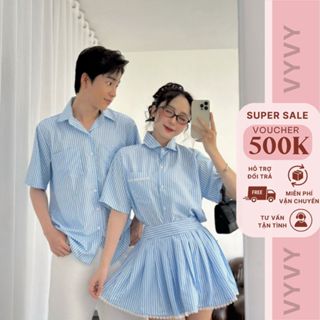 Đồ Đôi Nam Nữ Hàn Quốc Mùa Hè - Set Áo Váy Đôi Sơmi Kẻ Sọc Xanh Thời Trang - Set Couple [VYVY CLOSET]
