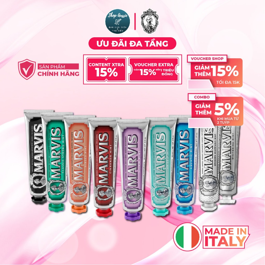 Kem Đánh Răng Ý Marvis Classic 85ml Đủ Loại - 9 Hương Vị Cổ Điển, Marvis Bạc Hà Trắng Răng Whitening Smokers Strong Mint
