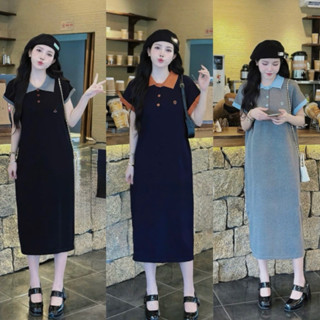 Váy YT130, Đầm Polo Thêu Chữ O Phối Mầu Cổ From Rộng Dáng Dài Chất Tổ Ong Mắt Bé