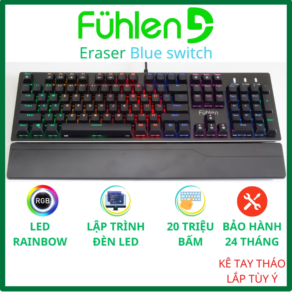 Bàn phím cơ gaming blue switch Fuhlen Eraser Led Rainbow/ Kê tay tháo lắp- Hàng chính hãng
