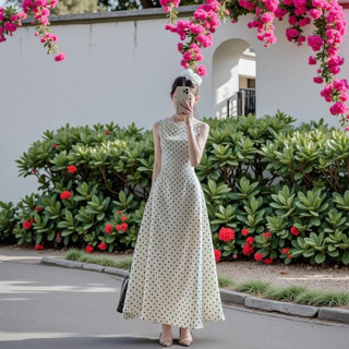  Váy Dài Chấm Bi Vintage Hai Dây Cổ Thuyền Phong Cách Retro Dáng Xòe Thanh Lịch Thời Trang Công Sở Đi Chơi Dự Tiệc 