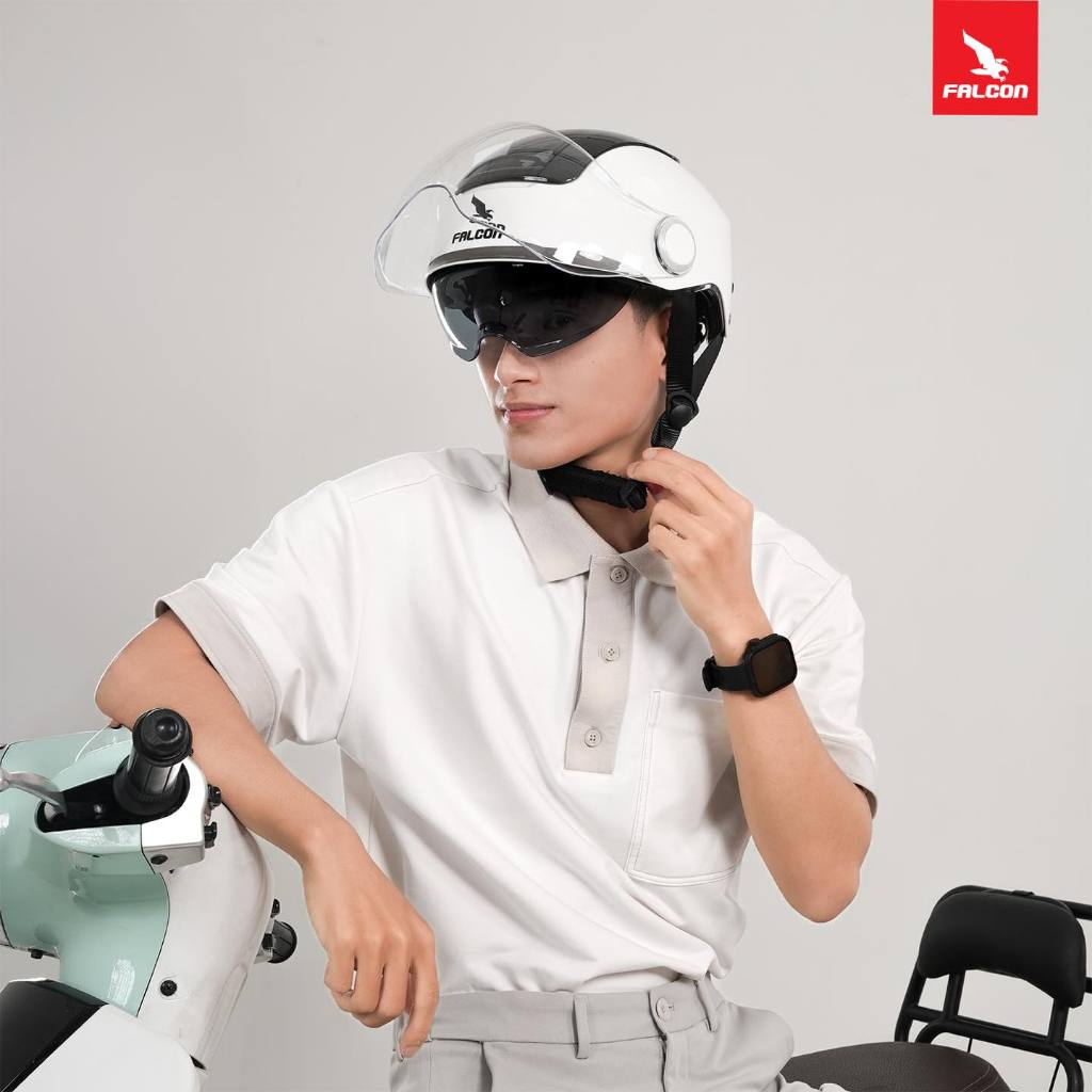 Nón Falcon Đạt Chuẩn Đi Xe Máy Falcon F14 [ Bee ] Trắng Bóng 2 Kính Cao Cấp