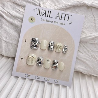  KL001 Nail Box Móng Tay Giả Sang Chảnh Màu Trắng Kem Phối Nơ 3D Thiết Kế Phong Cách Hàn Quốc 2025 