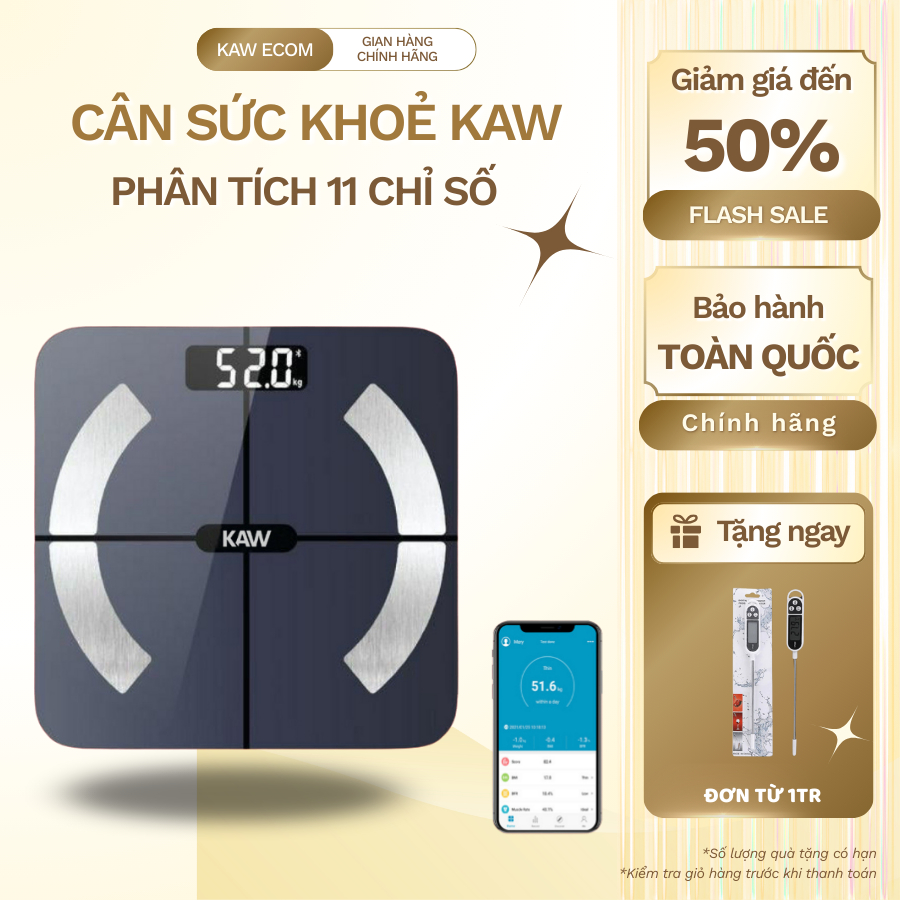 Cân Điện Tử Sức Khỏe KAW, Phân Tích 12 Chỉ Số Cở Thể, Kết Nối Điện Thoại Qua Bluetooth, BH 12 tháng