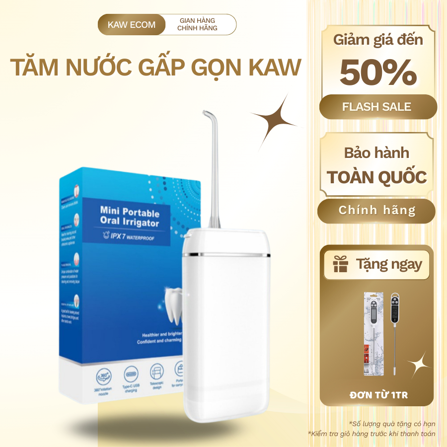 Máy tăm nước gấp gọn KAW dung tích 330ml 3 chế độ làm sạch răng bảo hành chính hãng