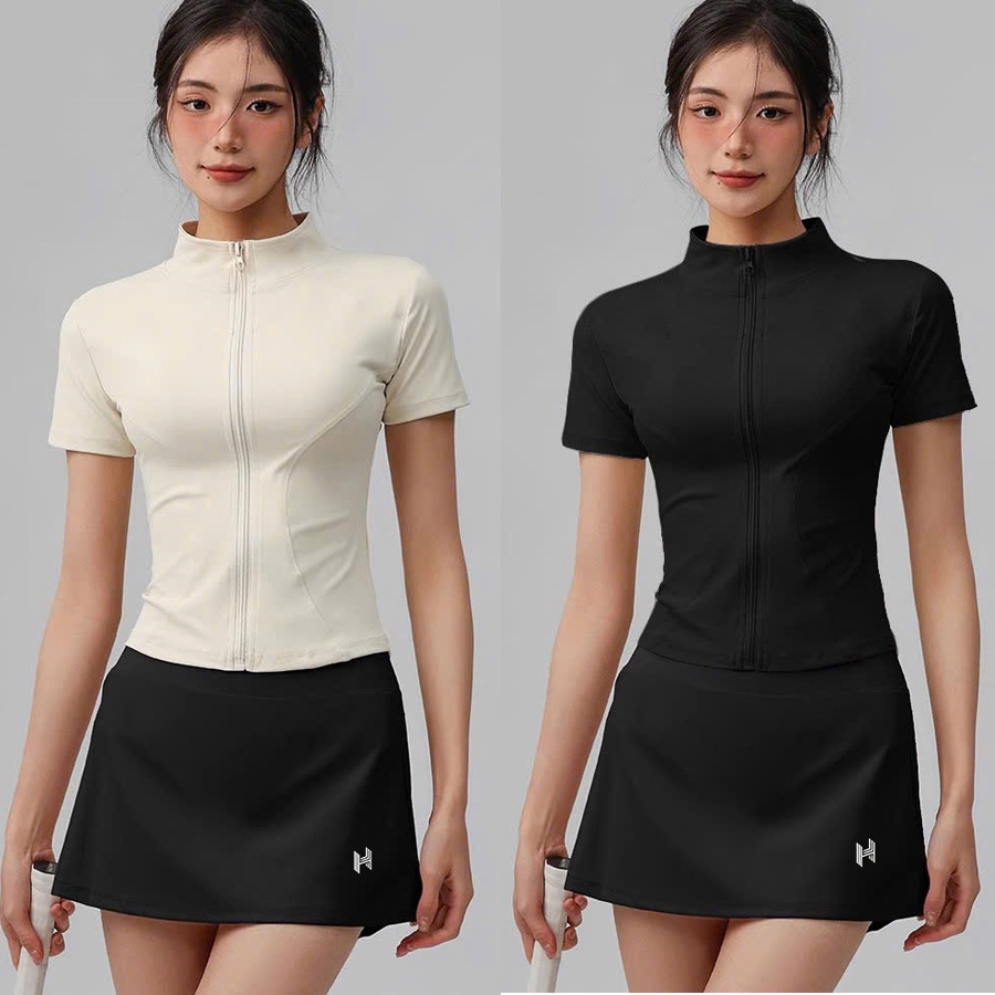 Bộ tập Pickleball nữ áo khóa dài chân váy chữ A, bộ tập gym, thể thao cầu lông nữ chất đẹp