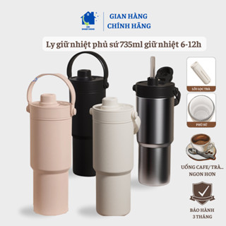 Ly giữ nhiệt Inox 316 Phủ Sứ 735ml ống hút thủy tinh, cốc giữ nhiệt bình giữ nhiệt tiện lợi đi làm đi học Uri Smart Home