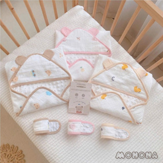 Ủ Choàng Muslin Monona Hạt Đậu Tai Gấu Bo Viền Thoáng Mát Xinh Xắn Cho Bé 