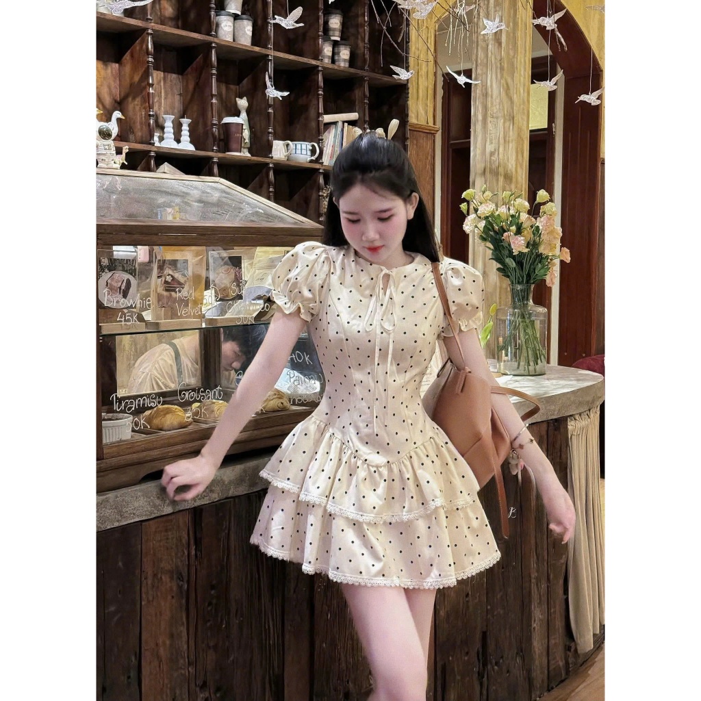 (CÓ BIGSIZE) LILA DRESS- Đầm nữ chấm bi tay phồng viền bèo phối ren