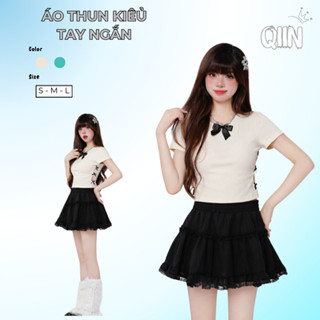 Áo Baby Tee Coquette Tay Ngắn Thiết Kế Đính Nơ Lạ Mắt, Áo Kiểu Nữ Croptop Thun Mát A94 QIIN BOUTIQUE