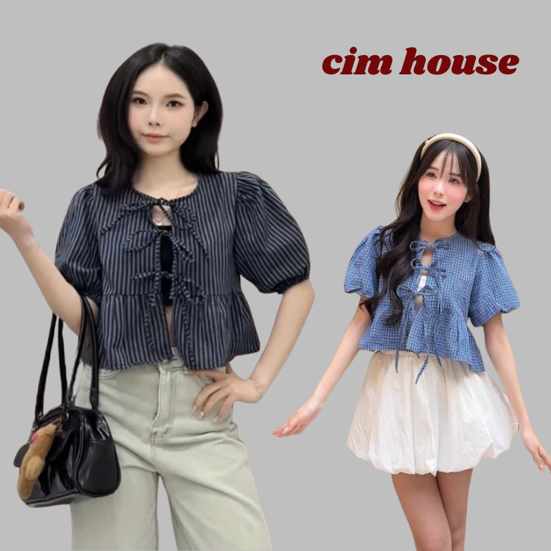 Áo Babydoll Kẻ Sọc Nữ Tay Phồng – Áo Buộc Nơ Dáng Xòe Tiểu Thư Có Áo Quây Bên Tron MH3
