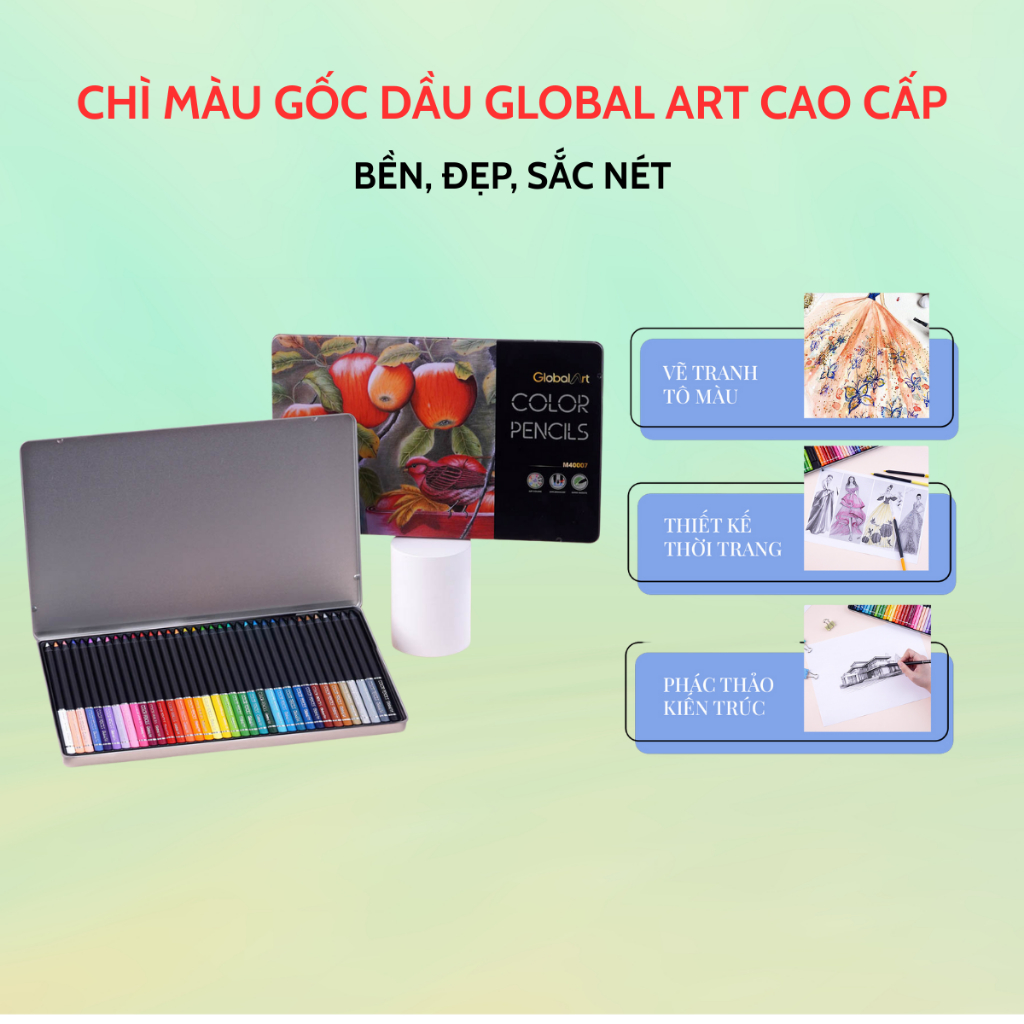 Bút Chì Màu Hộp Thiếc Global Art Cao Cấp 36 Màu Đậm Mịn Tô Màu Phác Họa Thiết Kế M40007