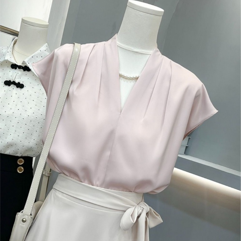 Áo sơ mi nữ công sở Mely Fashion cộc tay hến cổ V dáng rộng chất lụa ngọc trai cao cấp mềm mát phong cách Hàn Quốc ASM36
