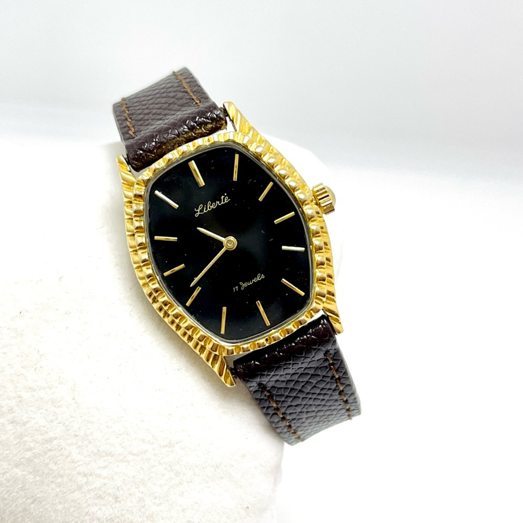 Đồng hồ tank cơ cót tay 17j  Liberte vintage, black dial, gold pate -Thuỵ Sỹ, Chính hãng [2HAND]