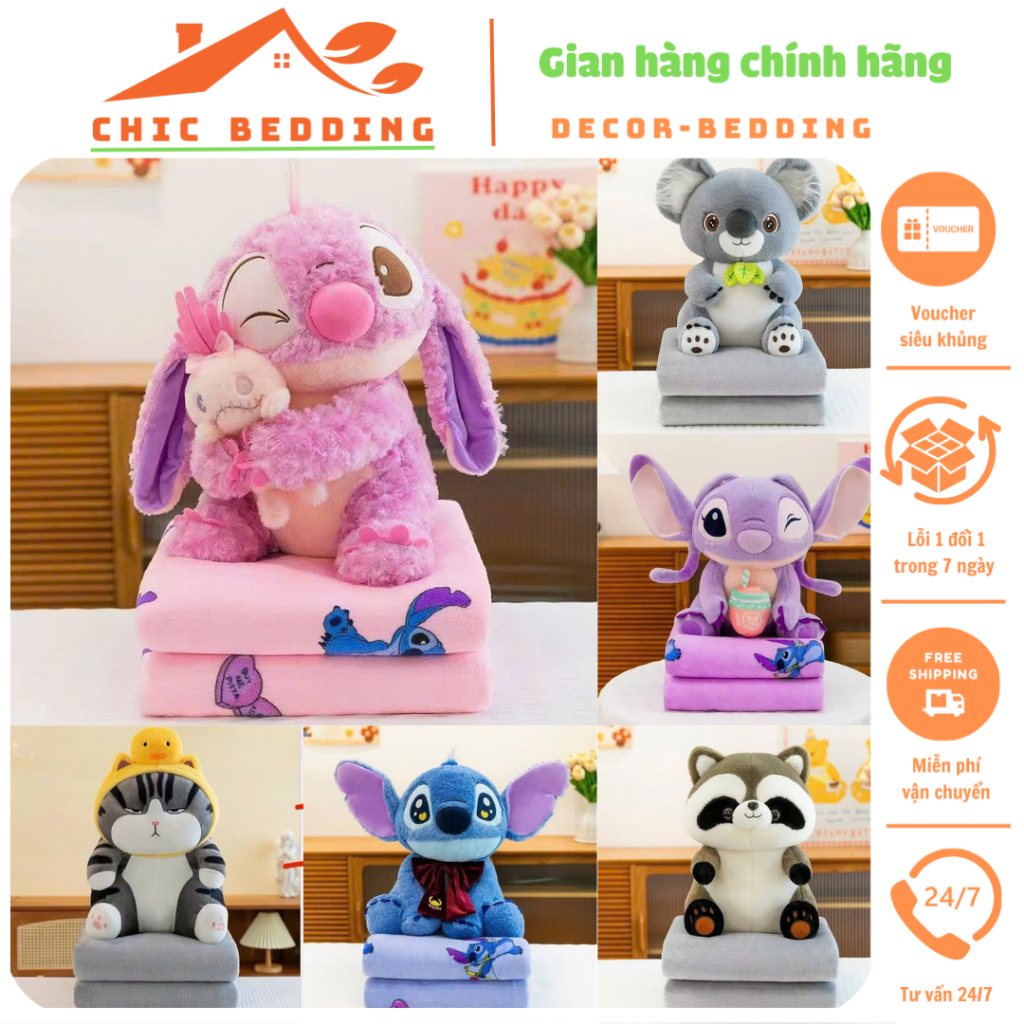 Bộ chăn gối văn phòng, gấu bông có mền bên trong, gấu dâu có mền bên trong cho bé đi học, đi du lịch