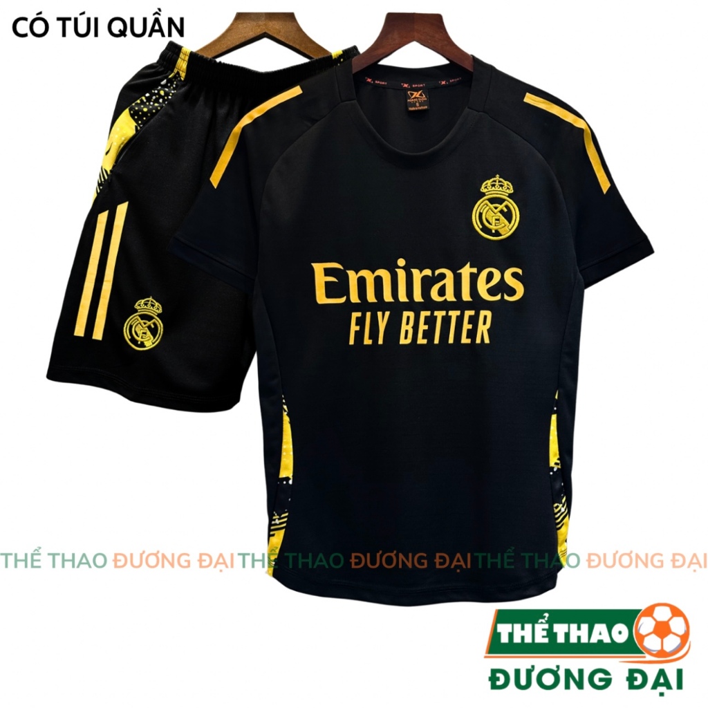 (Có Túi Quần)Quần Áo Bóng Đá Real Đen Vàng Training Thun Mè S-Cool Thể Thao Đương Đại