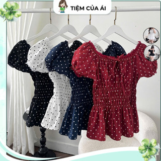 Áo Kiểu Trễ Vai Viền Ren Chấm Bi Cột Dây Viền Bo Chun Babydoll Dễ Thương, Áo Nữ Ngắn Tay