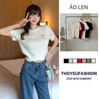 Áo len nữ,áo len cộc tay nữ thêu Nơ vặn thừng len mongtoghi ngắn tay dáng ôm vừa phong cách Hàn Quốc