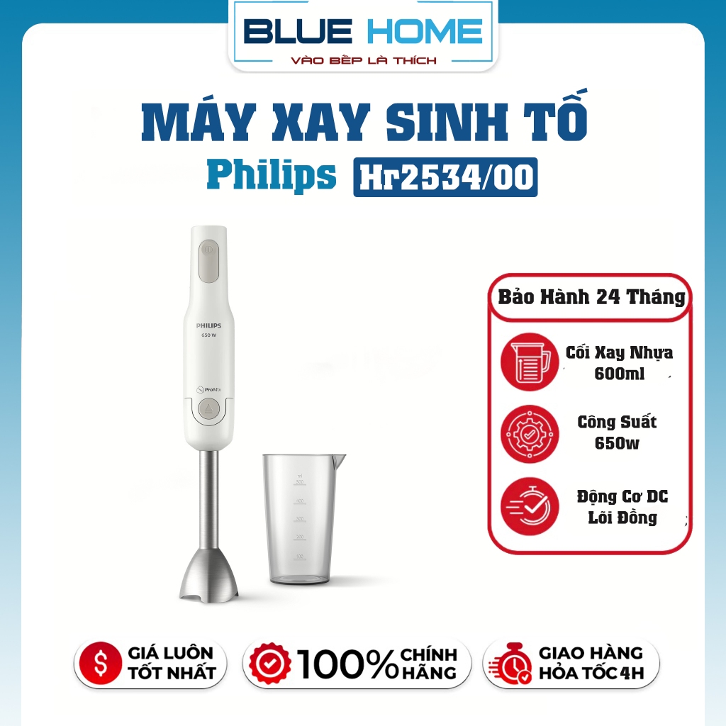 Máy Xay Sinh Tố Cầm Tay Philips Promix HR2534/00, 650W Thanh Kim Loại, Bảo Hành Chính Hãng
