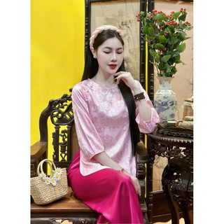 (Hàng Sale) Bộ áo bà ba gấm lụa cao cấp màu Hồng độc lạ sang trọng