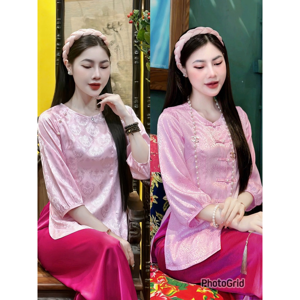 (Hàng Sale) Bộ áo bà ba gấm lụa cao cấp màu Hồng độc lạ sang trọng