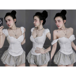  Set áo rớt vai mặc hai kiểu kèm quần bí kẻ sọc phối ren cực xinh phong cách năng động tiểu thư nhẹ nhàng nữ tính 