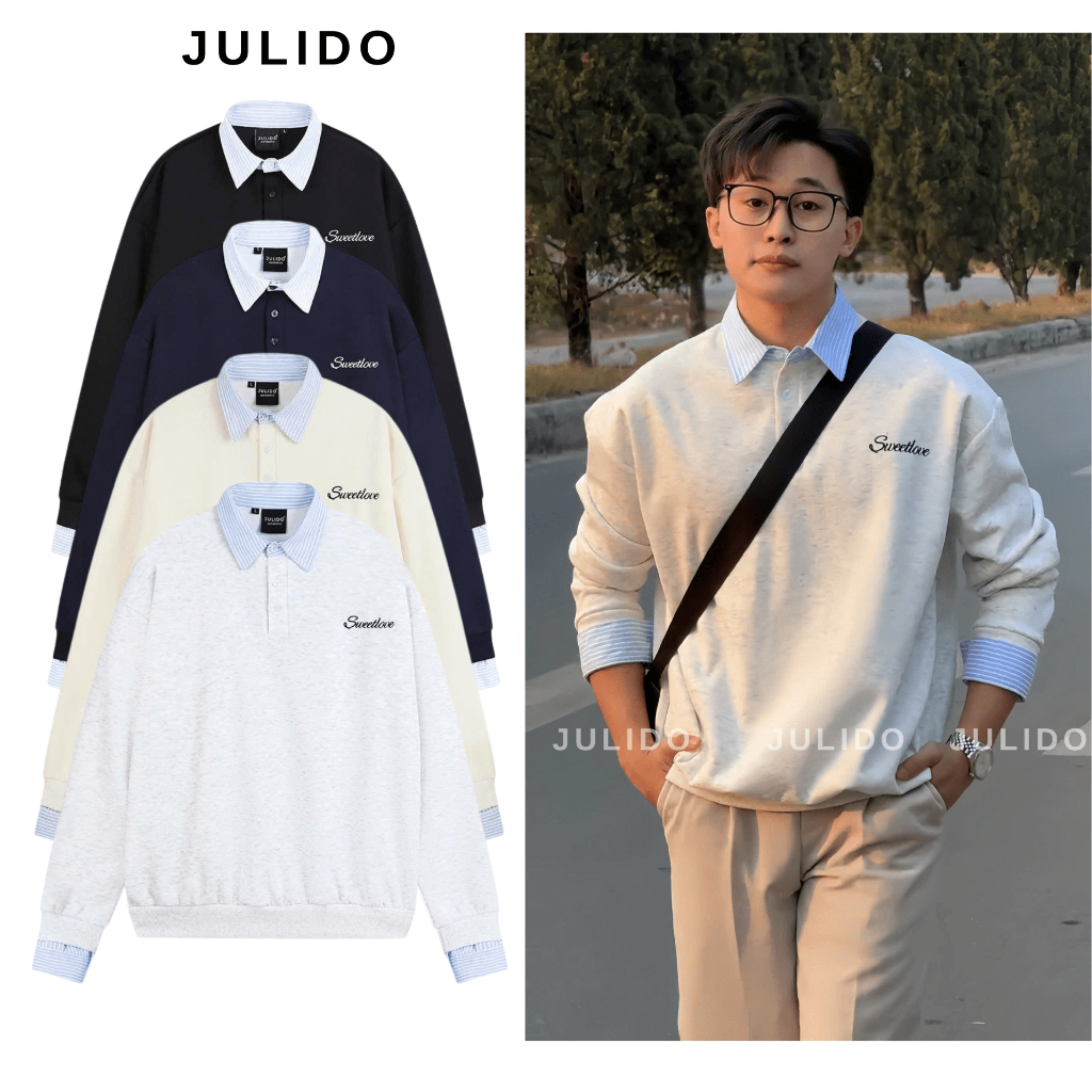 Áo sweater phối sơ mi dài tay JULIDO chất liệu vải nỉ hai da không xù lông