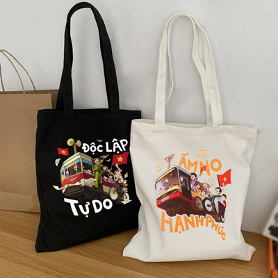 Túi vải Tote in hình Chào mừng Quốc Khánh kích thước 33x37 có ngăn phụ và khóa khéo đựng vừa A4 Loza TOTE26