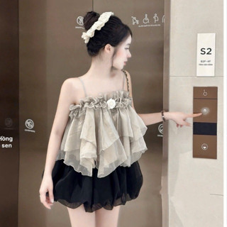 Set áo 2 bồng phối váy kèm hoa trà cài siu đẹp