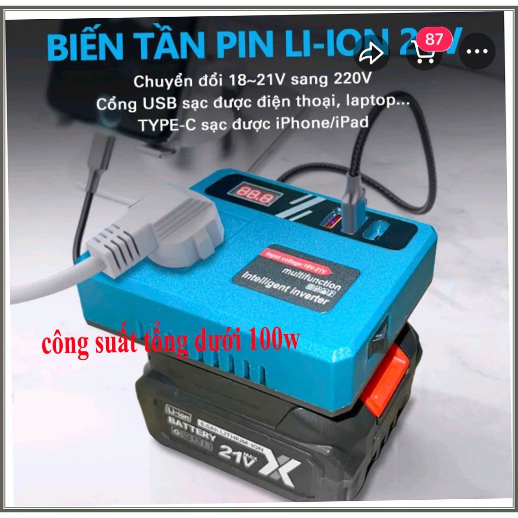 BỘ CHUYỂN ĐỔI NGUỒN ĐIỆN TỪ PIN 21V LÊN 110V - 220V  CHÂN PIN PHỔ THÔNG 4CM workfix