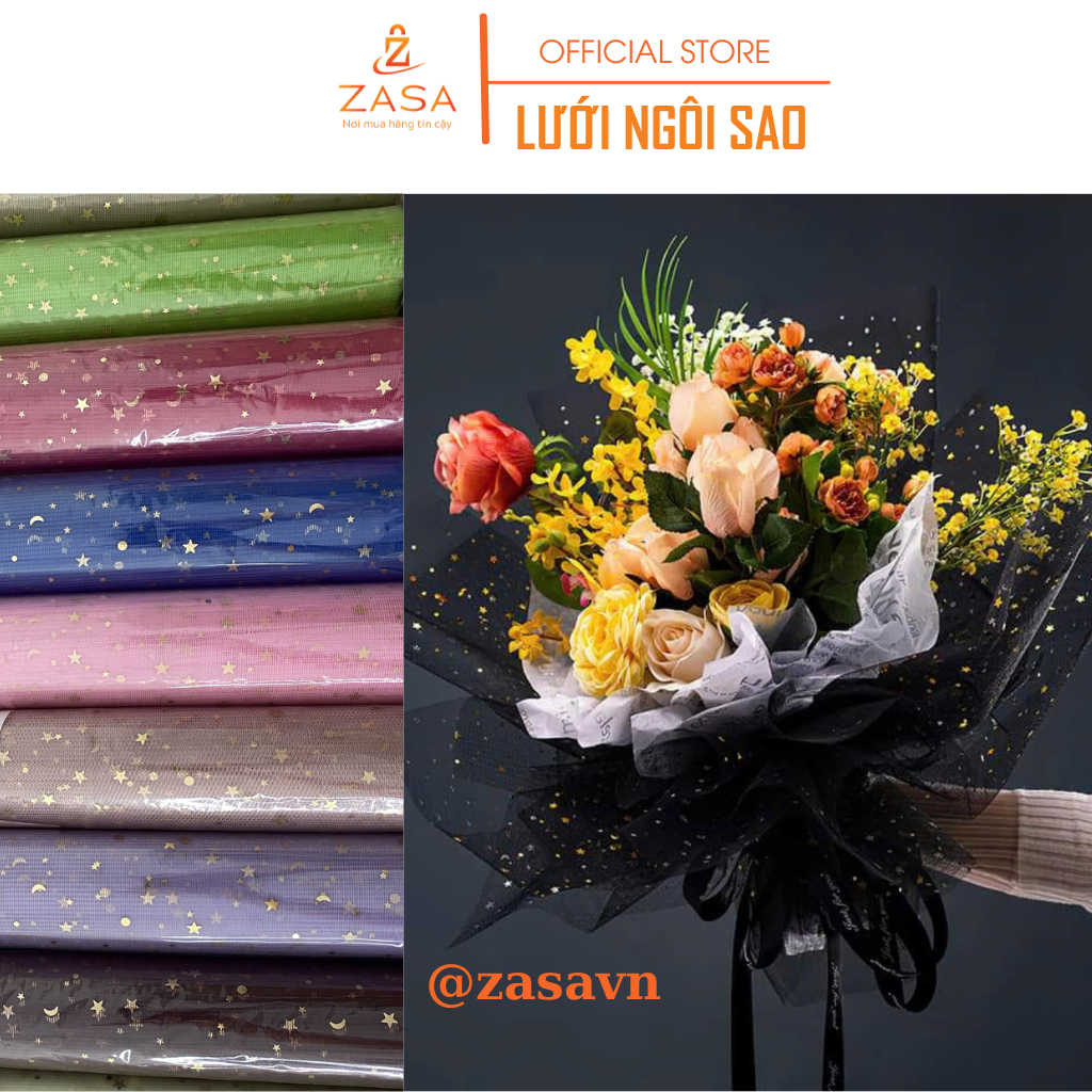 Cuộn Giấy Lưới Gói Hoa Zasavn 50cm*5yard Hình Trăng Sao