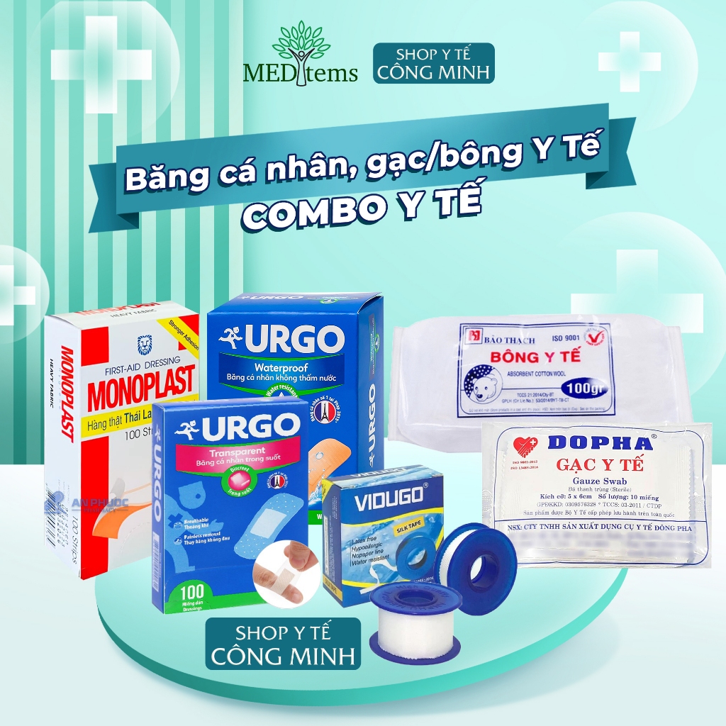 [COMBO Y TẾ] Băng cá nhân, băng keo lụa, gạc y tế, bông y tế, cuộn y tế URGO MONOPLAST VIDUGO