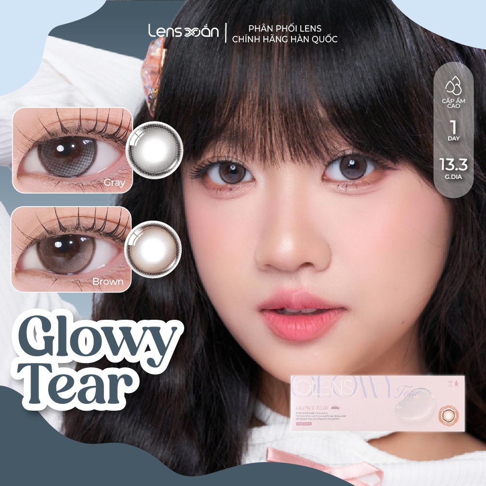  LENS 1 NGÀY giãn tròng LENS XOẮN kính áp tròng cận nâu tự nhiên trong veo có viền tròn mắt OLENS GLOWY TEAR 