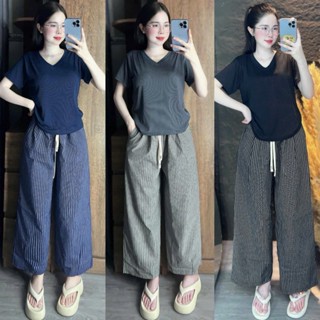 Set Bộ Áo Tăm Cổ Tim Mix Quần Suông Kẻ Sọc,  Bigsize 45-85 Kg