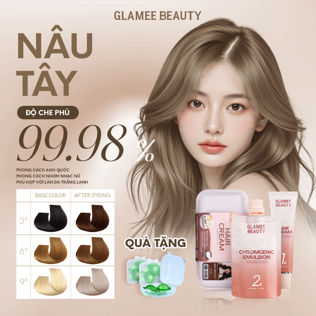 Glamee Beauty Thuốc Nhuộm Tóc Tại Nhà Nâu Tây Hair Dye Kem Nhuộm Tóc Dưỡng Màu đẹp Tặng Bộ Dụng Cụ