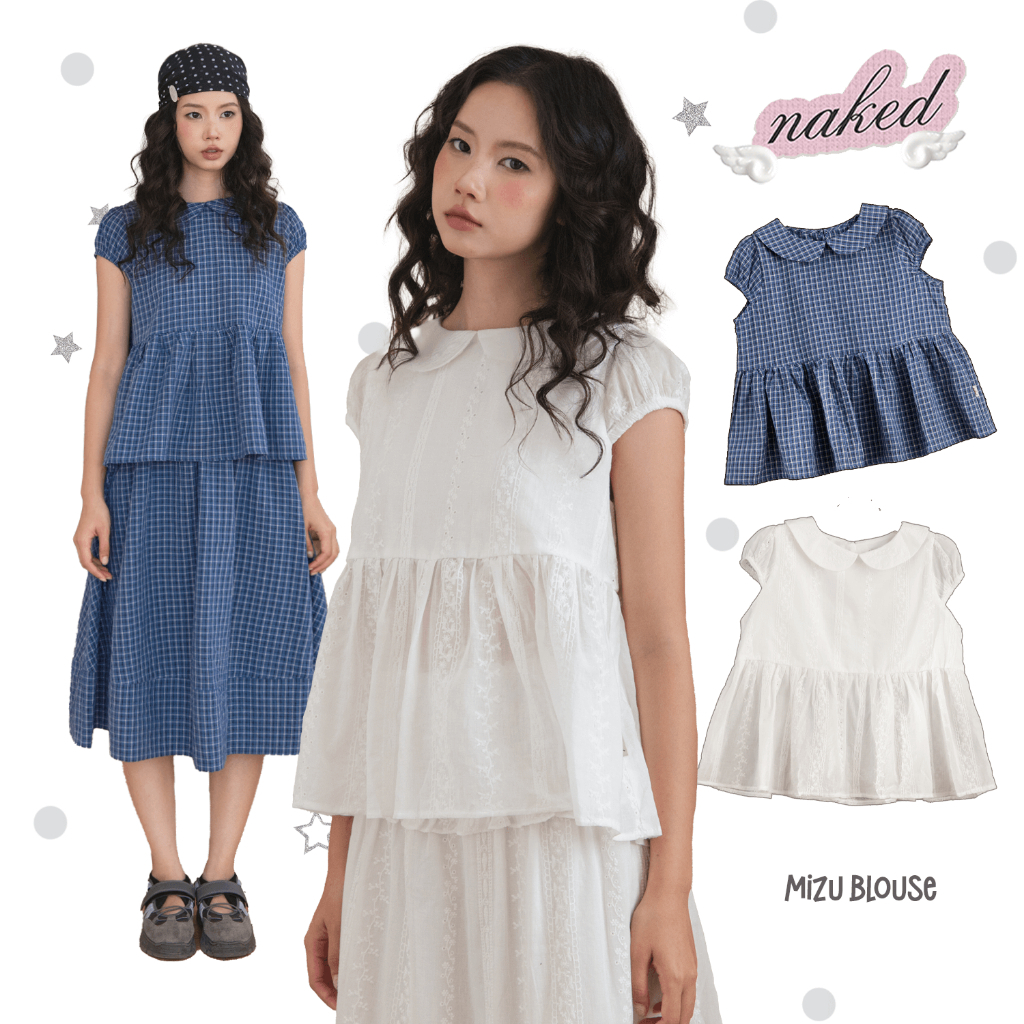 Áo babydoll nữ NAKEDbyV áo kiểu bồng cổ cánh sen nhúng xoè nhẹ MIZU BLOUSE + MIZU MIDI SKIRT