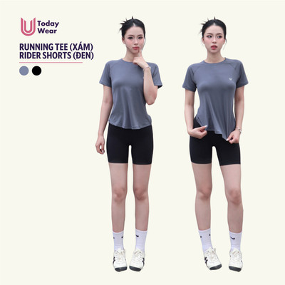 Set đồ tập gym nữ áo Running Tee mix quần Rider Today U Wear co dãn thoáng mát thấm hút mồ hôi
