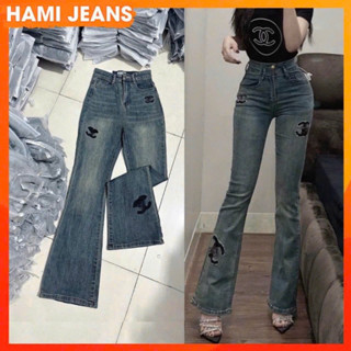 Quần jean nữ ống loe co giãn cạp lưng cao tôn dáng thêu hoạ tiết logo chất đẹp dài 100cm