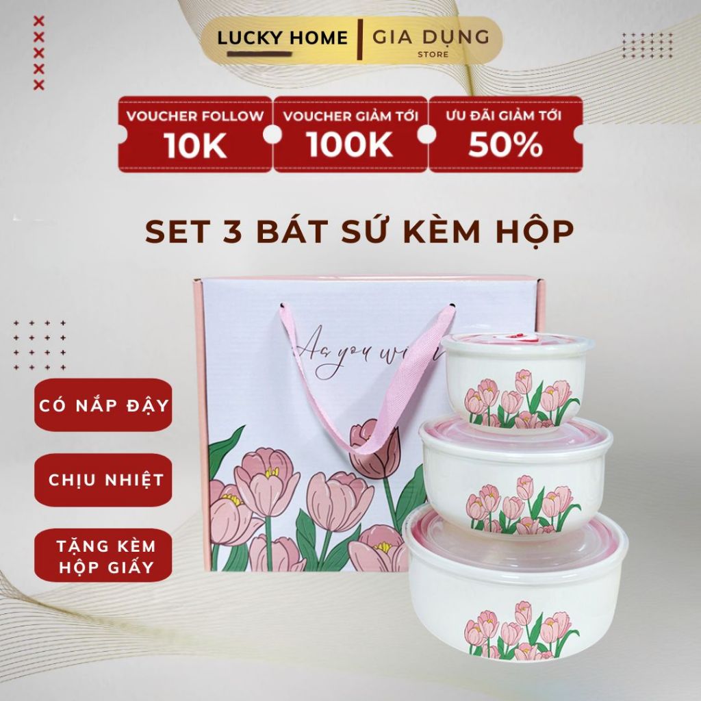 SET 3 BÁT SỨ Nhiều Kích Cỡ Có Nắp Nhiều Hình Ngộ Nghĩnh KÈM HỘP, set bát sứ đậy nắp chịu nhiệt
