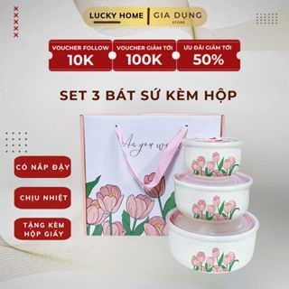 SET 3 BÁT SỨ Nhiều Kích Cỡ Có Nắp Nhiều Hình Ngộ Nghĩnh KÈM HỘP, set bát sứ đậy nắp chịu nhiệt