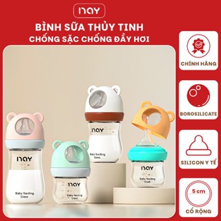 Bình sữa thủy tinh cho bé, bình sữa sơ sinh NAY hình gấu cute cổ rộng núm ti siêu mềm chống sặc chống đầy hơi cho bé