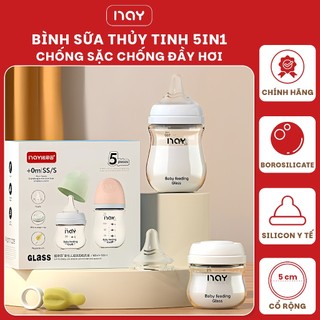  Bình sữa thủy tinh Combo bình sữa 5IN1 cho bé sơ sinh NAY cổ rộng núm ti siêu mềm chống sặc chống đầy hơi cho bé 