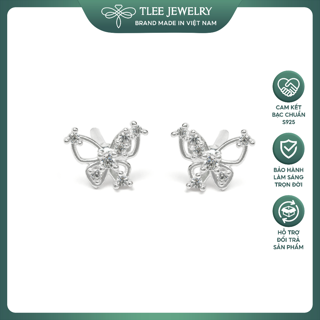 Khuyên tai bạc nữ TLEE hồ điệp nhí cánh đính đá chéo điểm hạt đá nhỏ xinh xắn TLEE JEWELRY B0633