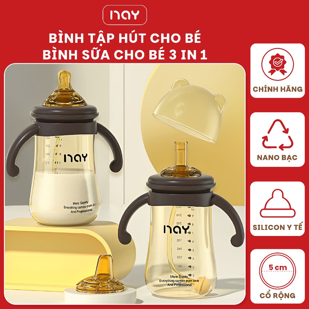 Bình tập hút cho bé, bình hút nước cho bé NAY 3IN1 Nano bạc kháng khuẩn chống sặc chống đầy hơi cho bé 6 đến 12 tháng+