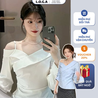  Áo sơ mi lệch vai dài tay màu xanh trắng áo sơmi điệu cổ chữ V nhún eo thanh lịch LOGA_L129 